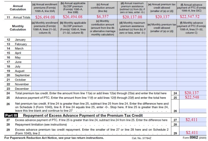 Tax subsidy excess credit premium advance form insurance health irs must income suspension confirms refund payer originally 2411 higher estimated