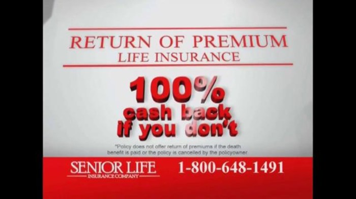 Return premium insurance senior life tv company ispot spot screenshots commercial